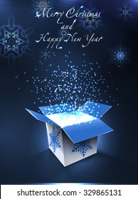 Merry Christmas and Happy New Year postcard. Magic box. Vector Illustration