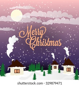 Merry Christmas and Happy New Year Card winter holidays landscape with snow-covered village