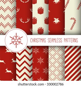 Merry Christmas and Happy New Year. Set of xmas seamless patterns. Vector illustration.