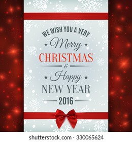 Merry Christmas  and Happy New Year text label on a winter background with red bow, ribbon, snow and snowflakes. Greeting card template. Vector illustration.