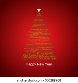 Merry Christmas and Happy New Year word tag cloud shaped as a tree, Red Greeting Card with text