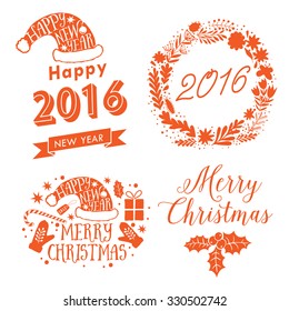 Merry Christmas And Happy New Year Calligraphic labels, letters elements. Christmas set labels, emblems and other decorative logos.