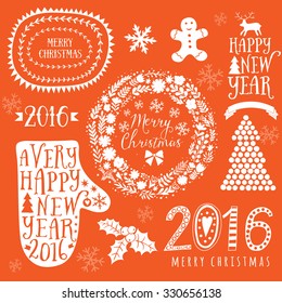 Merry Christmas And Happy New Year Calligraphic, mitten, wreath, frames, 2016 handmade sign. Christmas set - labels, emblems and other decorative elements.