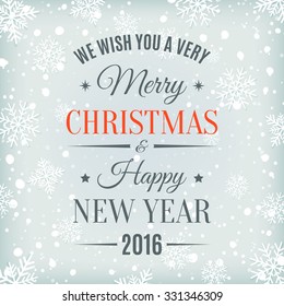 Merry Christmas  and Happy New Year text label on a winter background with snow and snowflakes. Greeting card template. Vector illustration.