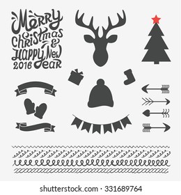 Merry Christmas and Happy New Year text. Christmas typography. Vector illustration of Merry Christmas lettering with deer, christmas tree, ribbon, gloves, cap and arrow.