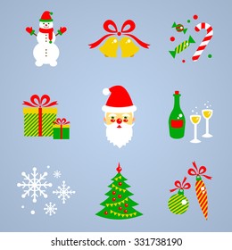 Merry Christmas and Happy New Year icons. Flat icon set. Colorful holiday symbols. Winter decorations. Santa Claus and snowman, Christmas tree and jingle bells. Vector illustration for Your design.