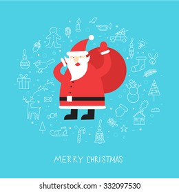Merry christmas and a happy new year. Santa Claus carries a bag with gifts round icons thin line. Poster, banner, card. Flat design vector illustration.