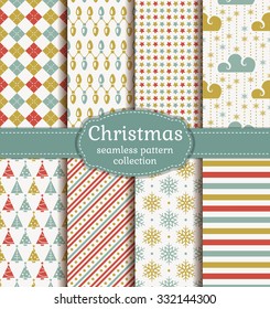 Merry Christmas and Happy New Year! Set of seamless retro backgrounds with traditional symbols: christmas tree, garland, snowflakes and suitable abstract geometric patterns. Vector collection.