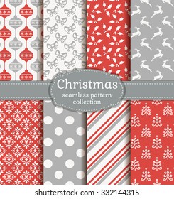 Merry Christmas And Happy New Year! Set Of Elegant Seamless Backgrounds With Traditional Holidays Symbols: Reindeer, Christmas Tree, Tree Ball, Holly And Suitable Abstract Patterns. Vector Collection.