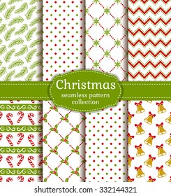 Merry Christmas and Happy New Year! Set of cute seamless backgrounds with traditional holidays symbols: bells, candy cane, holly, snowflakes and suitable abstract patterns. Vector collection.