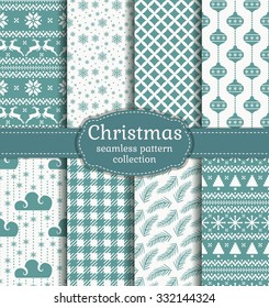 Merry Christmas and Happy New Year! Set of seamless backgrounds with traditional symbols: candy cane, snowman, snowflakes, christmas balls, firework and suitable abstract patterns. Vector collection.
