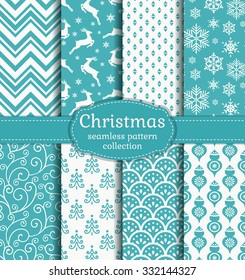 Merry Christmas And Happy New Year! Set Of White And Blue Seamless Backgrounds With Traditional Symbols: Deer, Fir-tree, Snowflakes, Christmas Balls And Suitable Abstract Patterns. Vector Collection.
