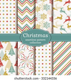 Merry Christmas and Happy New Year! Set of retro seamless backgrounds with traditional symbols: reindeer, fir-tree, snowflakes, firework and suitable abstract geometric patterns. Vector collection.