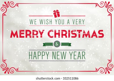 Merry Christmas and Happy New Year paper card with vintage frame and snowflakes - vector illustration