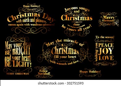 Merry Christmas And Happy New Year Card Calligraphic And Typographic Background Gold Word Art On Blackboard  