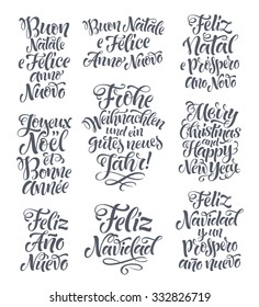 Merry Christmas and Happy New Year lettering set in different languages: Portuguese, Italian, Spanish, French, German, English. Holidays vintage calligraphy for invitation, greeting card, prints