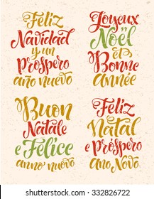 Merry Christmas and Happy New Year lettering set in different languages: Portuguese, Italian, Spanish, French. Holidays vintage calligraphy for invitation and greeting card, prints and posters