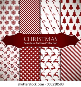 Merry Christmas and Happy New Year! Set of winter holiday backgrounds. Collection of seamless patterns with red and white colors. Vector illustration.