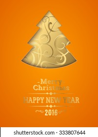 Merry Christmas and Happy New Year 2016 card over orange background. Vector illustration.