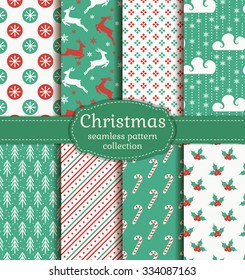 Merry Christmas and Happy New Year! Set of retro seamless backgrounds with traditional symbols: reindeer, fir-tree, holly, candy cane, snowflakes and suitable abstract patterns. Vector collection.