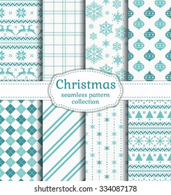 Merry Christmas and Happy New Year! Set of seamless backgrounds with winter holidays symbols: reindeer, christmas tree, christmas ball, snowflakes and suitable abstract patterns. Vector collection.