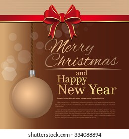 Merry Christmas and Happy New Year. Holiday greeting card template with red ribbon and bow.