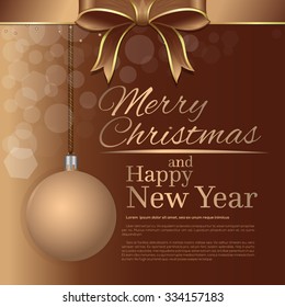 Merry Christmas and Happy New Year. Holiday greeting card template with a beige ribbon and bow.