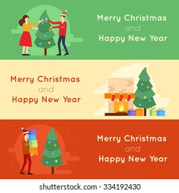 Merry Christmas and Happy New Year. decorating the Christmas tree carries gifts, Christmas tree and fireplace. Flat design vector illustration.
