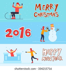 Merry Christmas and Happy New Year sledding, making snowmen, snowball, winter fun. Flat design.