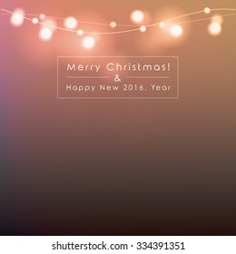 Merry Christmas and Happy New Year vector illustration with copy space. Bright abstract blurred Christmas lights isolated on dark background.