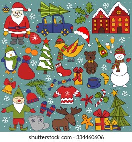 Merry Christmas and Happy New Year card. Hand draw cartoon elements. Holidays objects for Christmas and New Year greeting cards, fabric, wrapping paper, invitation, stationery.