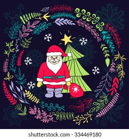 Merry Christmas and Happy New Year card. Vector illustration with Santa and Christmas tree in leaves frame.