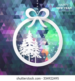 Merry Christmas and Happy New Year. View of white christmas ball and bow on polygonal background. Paper cut style.