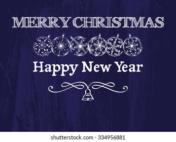 Merry Christmas and Happy New Year dark blue greeting card, vintage background with christmas balls, bell and calligraphic ornament