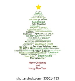 Merry Christmas and Happy New Year text  word Tag Cloud shaped as a tree. Isolated on white