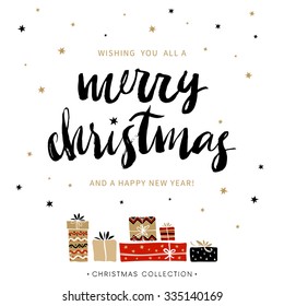 Merry Christmas and Happy New Year. Christmas greeting card with calligraphy. Handwritten modern brush lettering. Hand drawn design elements.