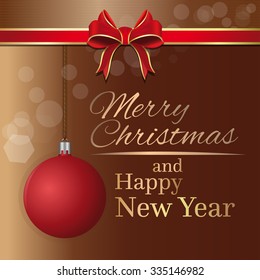 Merry Christmas and Happy New Year. Holiday greeting card template with red ribbon, bow and Christmas ball.