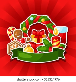 Merry Christmas and Happy New Year sticker template for invitation card.