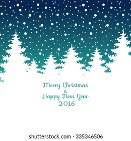 Merry Christmas and Happy New Year 2016  Christmas greeting card. Vector winter holidays landscape background with trees, snowflakes, falling snow.