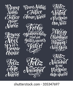 Merry Christmas and Happy New Year lettering set in different languages: Portuguese, Italian, Spanish, French, German, English. Holidays vintage calligraphy for invitation, greeting card, prints