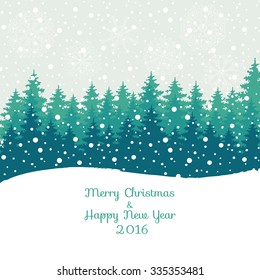 Merry Christmas and Happy New Year 2016  Christmas greeting card. Vector winter holidays landscape background with trees, snowflakes, falling snow.