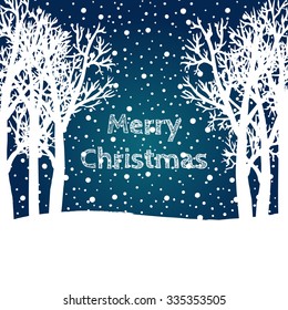 Merry Christmas and Happy New Year 2016  Christmas greeting card. Vector winter holidays landscape background with trees, snowflakes, falling snow.