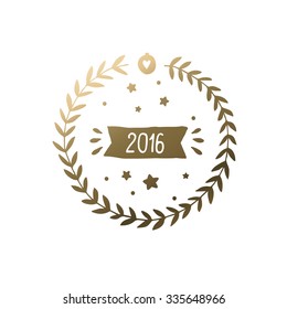 Merry Christmas and Happy New Year label with hand drawn ribbon, wreath and stars on white background. Gold christmas card
