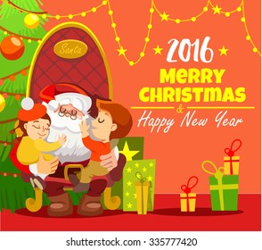 Merry christmas and happy new year greeting card design with santa sitting in armchair with little boy and girl in front of christmas tree decoration. Vector illustration