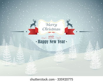 Merry Christmas and Happy New Year forest winter landscape with snowfall vector illustration