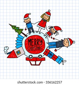 Merry christmas and happy new year Happy family with their house and car