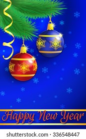 Merry Christmas and Happy New Year poster with fur-tree branch, serpentine, baubles and snowflakes. Vector illustration.