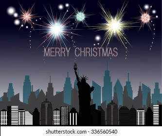 Merry Christmas and happy new year card with fireworks in city