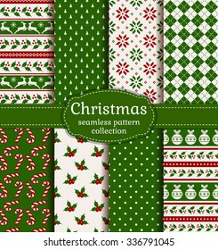 Merry Christmas and Happy New Year! Colorful seamless backgrounds with holiday symbols and patterns: tree ball, reindeer, holly, candy cane, argyle, polka dot and norwegian selbu rose. Vector set.