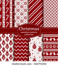 Merry Christmas and Happy New Year! Red and white seamless backgrounds with traditional winter holiday symbols: candy cane, christmas ball, snowflakes, bell and suitable abstract patterns. Vector set.